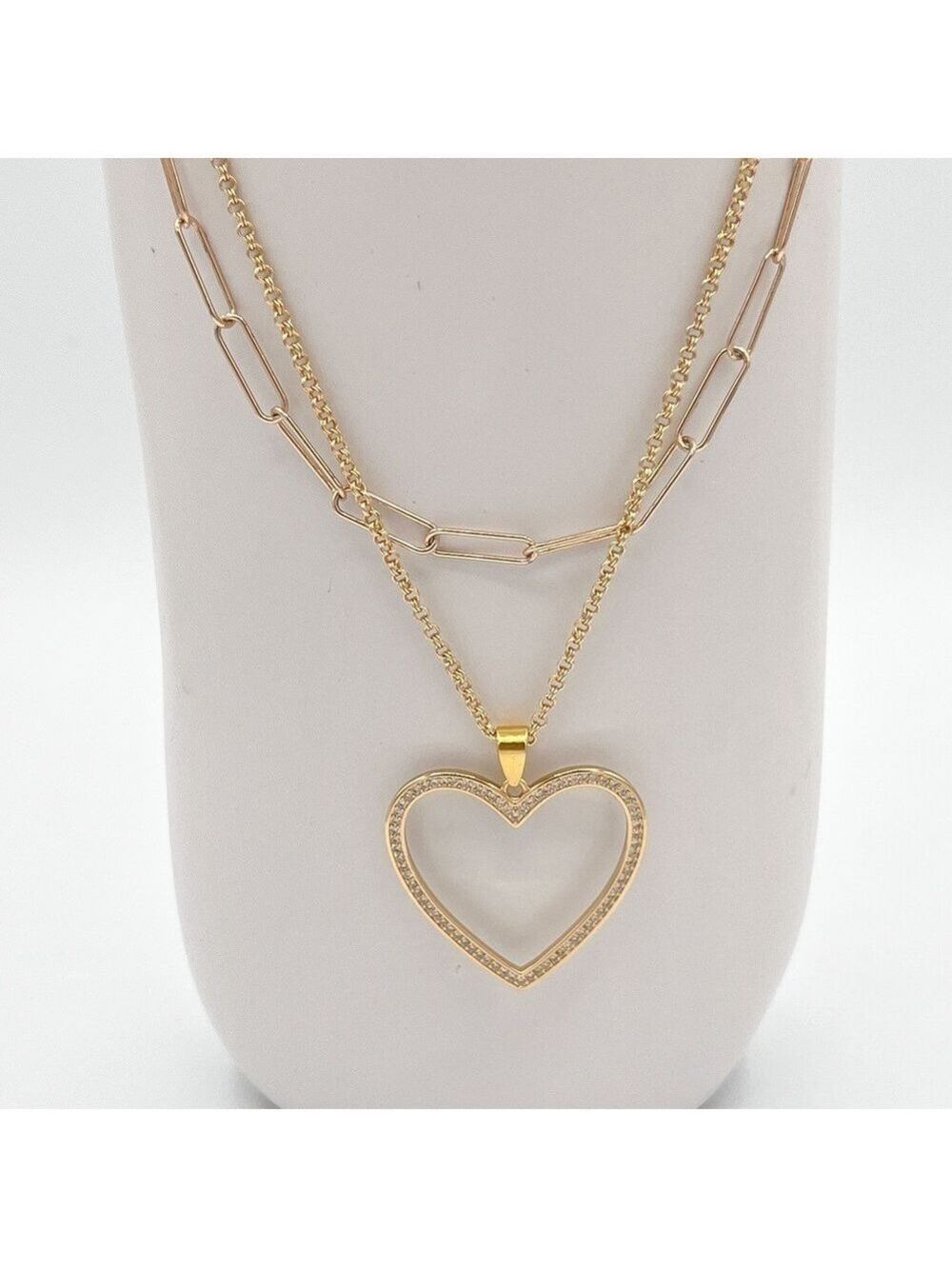 Paperclip chain and open heart pave pendant